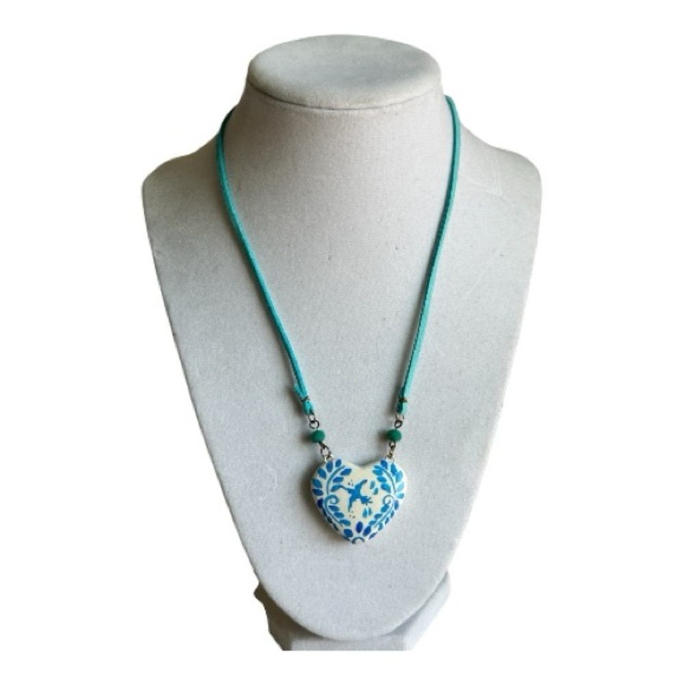 Blue Talavera Papier Mache Bird Heart Cord Pendant Necklace